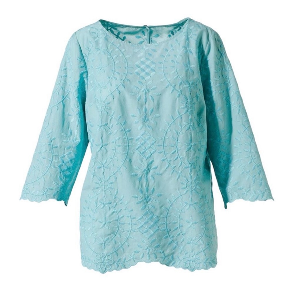 Chico's Light Green/Blue Allover Embroidery 3/4-
Sleeve Shirt Size 1 or Medium